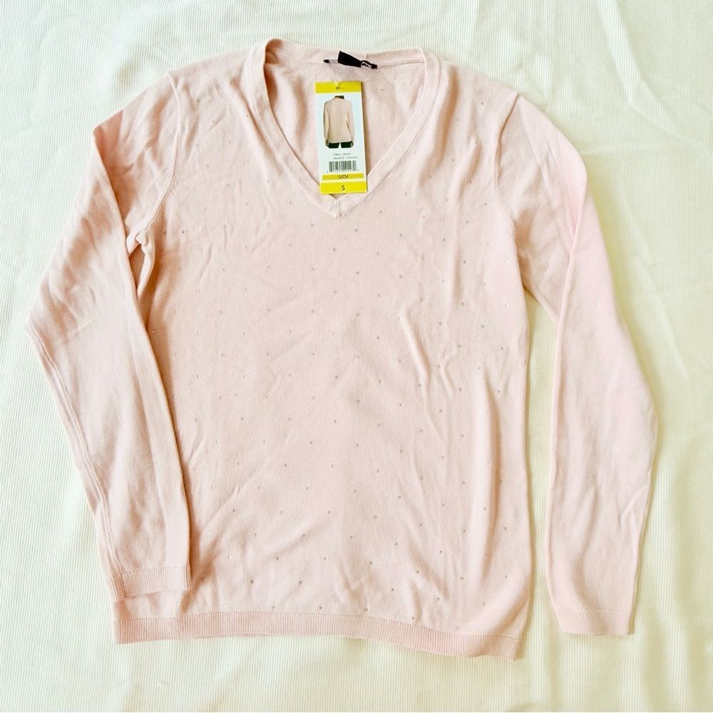 DKNY Womens Vneck Sweater Longsleeve Pink Sparkly Knit New Small